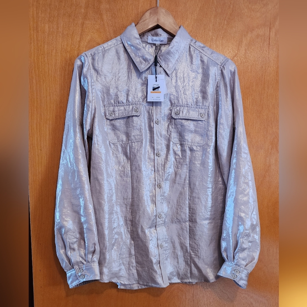 NWT Calvin Klein Metallic Luxe Button-Up Shirt